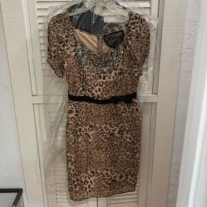 Leopard Silk Dress with Rhinestone Embellishment